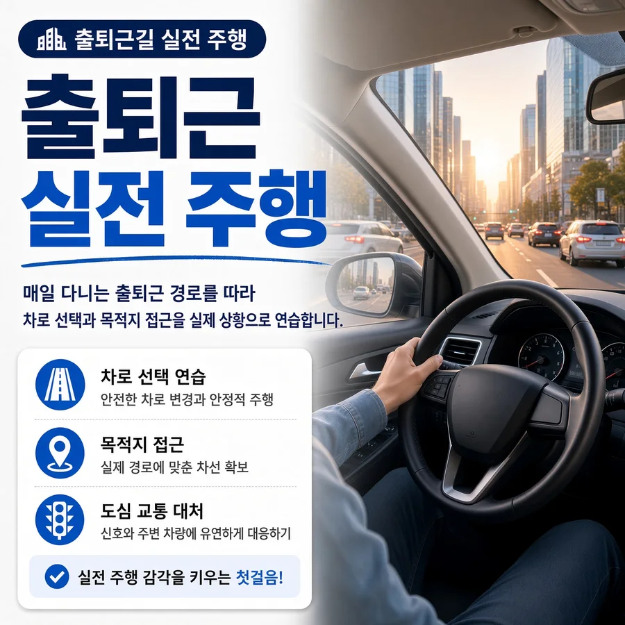 출퇴근길 실전 주행 — 도심 출퇴근 경로에서 차로 선택과 목적지 접근을 연습하는 운전석 시점