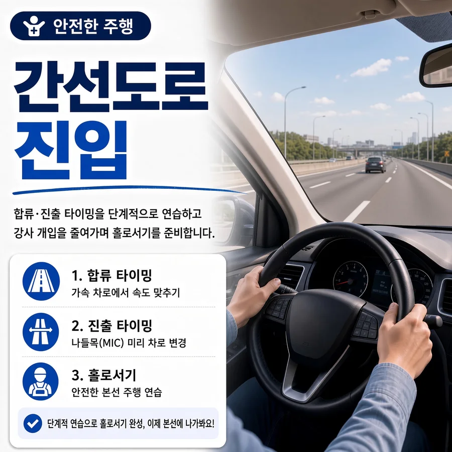 간선도로 진입 — 고속화도로 가속 차로에서 합류·진출 타이밍을 연습하는 운전석 시점