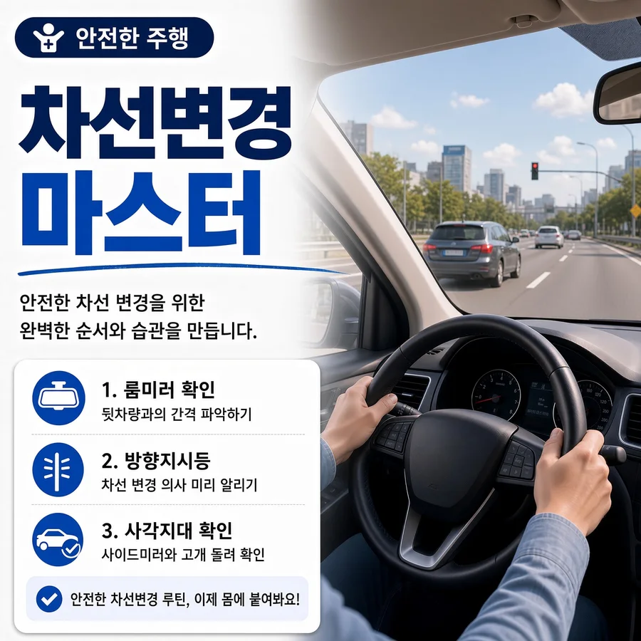 차선변경 마스터 — 시내 간선도로에서 룸미러·방향지시등·사각지대 확인 순서로 차선을 바꾸는 운전석 시점