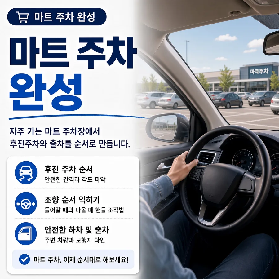 마트 주차 완성 — 대형마트 주차장에서 후진 주차와 출차 순서를 연습하는 운전석 시점
